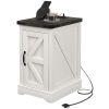 Farmhouse End Table with Storage, Side Table with Charging Station and USB Ports for Living Room, Distressed White