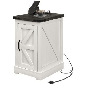 Farmhouse End Table with Storage, Side Table with Charging Station and USB Ports for Living Room, Distressed White