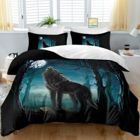 Moon Wolf Bedding Green Watercolor Forest Wolf Landscape Duvet Cover Sets 3 Pieces Wild Animal Bedding Set Twin Full Queen King Size (Option: Queen-Black)