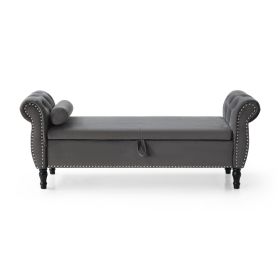 63" Velvet Multifunctional Storage Rectangular Sofa Stool Buttons Tufted Nailhead Trimmed Solid Wood Legs with 1 Pillow (Color: Grey)