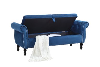63" Velvet Multifunctional Storage Rectangular Sofa Stool Buttons Tufted Nailhead Trimmed Solid Wood Legs with 1 Pillow (Color: Blue)