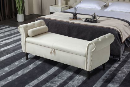 63" Velvet Multifunctional Storage Rectangular Sofa Stool Buttons Tufted Nailhead Trimmed Solid Wood Legs with 1 Pillow (Color: Beige)