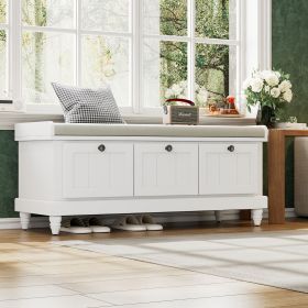 Classic Storage Bench with Cushioned Seat and Three Drawers for Entryway and Living Room (Color: White, Material: MDF)