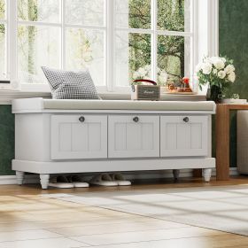Classic Storage Bench with Cushioned Seat and Three Drawers for Entryway and Living Room (Color: Light Gray, Material: MDF)