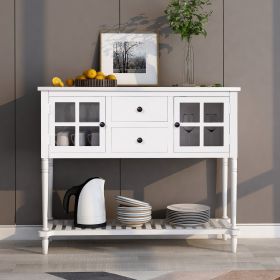 Sideboard Console Table with Bottom Shelf,Farmhouse Wood/Glass Buffet Storage Cabinet Living Room (Color: White, Material: Solid Wood)