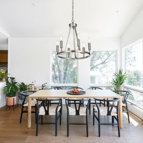 Modern Farmhouse Chandelier 6 Light Brushed Nickel Round Industrial Country Style Wagon Wheel Pendant Light Fixtures for High Ceilings (Numbers of Light: 6-Light)