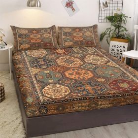 3pcs Retro Bohemian Geometric Style Minimalist Comfort Series Bed Fitted Sheet And Two Pillowcases Bedding For All Seasons Use (Option: Queen-Brown)
